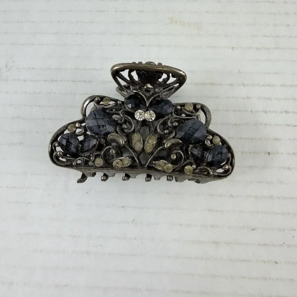Vintage Pewter Rhinestone Hair Clip Barrette